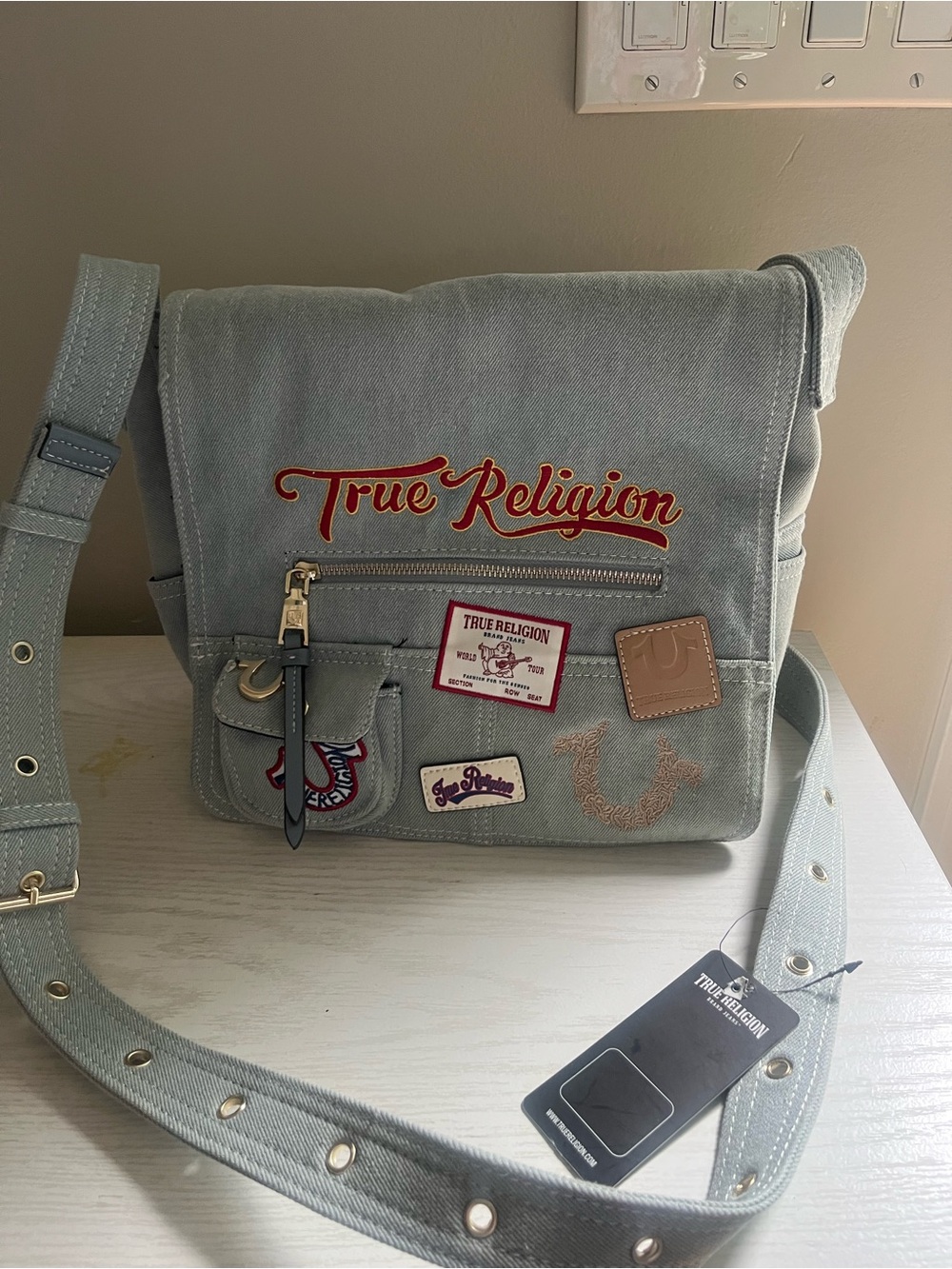 True Religion Light GrayCanvas Messenger Bag with Embroidered Logo - Picture 6 of 10